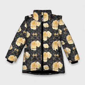 Зимняя куртка для девочек 3D с принтом Желтые цветы на черном фоне в Тюмени, ткань верха — 100% полиэстер; подклад — 100% полиэстер, утеплитель — 100% полиэстер. | длина ниже бедра, удлиненная спинка, воротник стойка и отстегивающийся капюшон. Есть боковые карманы с листочкой на кнопках, утяжки по низу изделия и внутренний карман на молнии. 

Предусмотрены светоотражающий принт на спинке, радужный светоотражающий элемент на пуллере молнии и на резинке для утяжки. | желтые цветы | золотые цветы | паттерн | цветочки | цветы