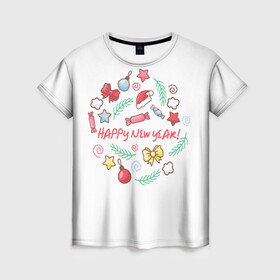 Женская футболка 3D с принтом Happy New Year * С Новым Годом * в Тюмени, 100% полиэфир ( синтетическое хлопкоподобное полотно) | прямой крой, круглый вырез горловины, длина до линии бедер | выходные | новый год | подарки | праздник | празднование | рожлество
