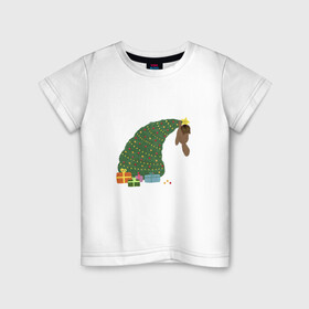 Детская футболка хлопок с принтом Кот на новогодней ёлке в Тюмени, 100% хлопок | круглый вырез горловины, полуприлегающий силуэт, длина до линии бедер | гирлянда | кот | новогодняя ёлка | подарки