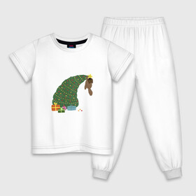Детская пижама хлопок с принтом Кот на новогодней ёлке в Тюмени, 100% хлопок |  брюки и футболка прямого кроя, без карманов, на брюках мягкая резинка на поясе и по низу штанин
 | гирлянда | кот | новогодняя ёлка | подарки