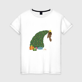 Женская футболка хлопок с принтом Кот на новогодней ёлке в Тюмени, 100% хлопок | прямой крой, круглый вырез горловины, длина до линии бедер, слегка спущенное плечо | гирлянда | кот | новогодняя ёлка | подарки