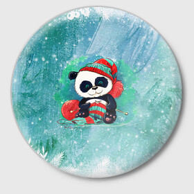 Значок с принтом Панда вяжет в Тюмени,  металл | круглая форма, металлическая застежка в виде булавки | new year | арт | вязание | графика | зима | новый год | панда | рождество