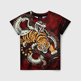 Детская футболка 3D с принтом Тигр со Змеёй 2022 в Тюмени, 100% гипоаллергенный полиэфир | прямой крой, круглый вырез горловины, длина до линии бедер, чуть спущенное плечо, ткань немного тянется | борьба | вектор | змея | противостояние | тигр