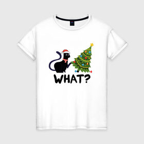 Женская футболка хлопок с принтом КОТЕЙКА И ЁЛКА в Тюмени, 100% хлопок | прямой крой, круглый вырез горловины, длина до линии бедер, слегка спущенное плечо | 2022 | cat | cats | christmas | cold | garland | klaus | mem | meme | memes | merry | new | santa | snow | what | winter | year | герлянды | гирлянда | год | елка | ёлки | ель | зима | клаус | кот | котейка | котенок | котик | котэ | кошка 