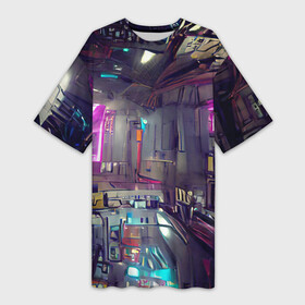 Платье-футболка 3D с принтом Городской киберпанк в Тюмени,  |  | cyberpunk | cyberpunk 2077 | будущее | город | депрессивный | игра | кибер | киберпанк | неон | неоновый | тренд | фантастика | яркий