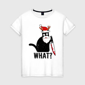 Женская футболка хлопок с принтом НОВОГОДНИЙ WHAT CAT в Тюмени, 100% хлопок | прямой крой, круглый вырез горловины, длина до линии бедер, слегка спущенное плечо | Тематика изображения на принте: 2022 | cat | cats | christmas | cold | garland | klaus | mem | meme | memes | merry | new | santa | snow | what | winter | year | герлянды | гирлянда | год | зима | клаус | кот | котейка | котенок | котик | котэ | кошка | мем | мемы | мороз