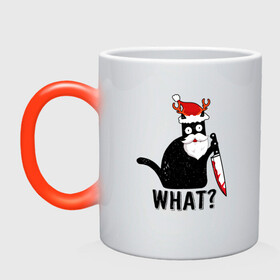 Кружка хамелеон с принтом НОВОГОДНИЙ WHAT CAT в Тюмени, керамика | меняет цвет при нагревании, емкость 330 мл | Тематика изображения на принте: 2022 | cat | cats | christmas | cold | garland | klaus | mem | meme | memes | merry | new | santa | snow | what | winter | year | герлянды | гирлянда | год | зима | клаус | кот | котейка | котенок | котик | котэ | кошка | мем | мемы | мороз