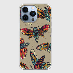 Чехол для iPhone 13 Pro с принтом Мотыльки черепа в Тюмени,  |  | бабочки | гранж | мотыльки | татту | узор | череп