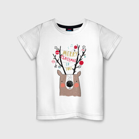 Детская футболка хлопок с принтом Рогатый О в Тюмени, 100% хлопок | круглый вырез горловины, полуприлегающий силуэт, длина до линии бедер | голова | новый год | олень | рога | рождество
