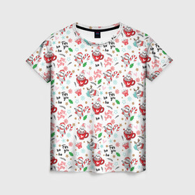 Женская футболка 3D с принтом Паттерн New yaer в Тюмени, 100% полиэфир ( синтетическое хлопкоподобное полотно) | прямой крой, круглый вырез горловины, длина до линии бедер | new year | арт | графика | дед мороз | зима | новый год | рождество | санта