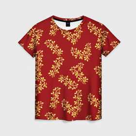Женская футболка 3D с принтом Золотые веточки на ярко красном фоне в Тюмени, 100% полиэфир ( синтетическое хлопкоподобное полотно) | прямой крой, круглый вырез горловины, длина до линии бедер | gold | plants | red | twigs | веточки | день влюбленных | золото | золотой | красный | любовь | новый год | подарок | праздник | растения