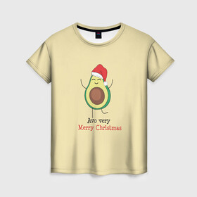 Женская футболка 3D с принтом Avo Merry Christmas в Тюмени, 100% полиэфир ( синтетическое хлопкоподобное полотно) | прямой крой, круглый вырез горловины, длина до линии бедер | Тематика изображения на принте: avocado | santa | the hood | авокадо | колпак