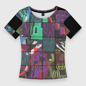 Женская футболка 3D Slim с принтом Мир в квадрате в Тюмени,  |  | в топе | в тренде | дизайн | крадрат | мультики | мультяшный мир | нарисованный город | новинка | орнамент | популярное | сетка | топ | узор