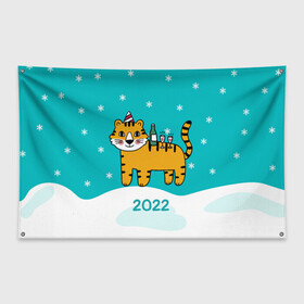Флаг-баннер с принтом Новогодний стол - тигр в Тюмени, 100% полиэстер | размер 67 х 109 см, плотность ткани — 95 г/м2; по краям флага есть четыре люверса для крепления | 2022 | год тигра | новый год | новый год 2022 | символ года | тигр | тигренок | тигрица | тигры