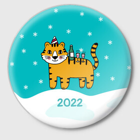 Значок с принтом Новогодний стол - тигр в Тюмени,  металл | круглая форма, металлическая застежка в виде булавки | 2022 | год тигра | новый год | новый год 2022 | символ года | тигр | тигренок | тигрица | тигры