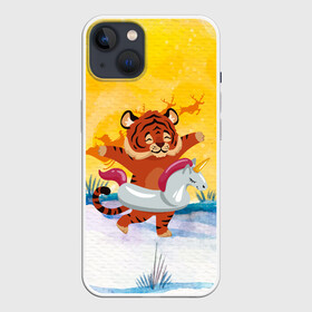 Чехол для iPhone 13 с принтом Тигренок бежит купаться в круге в Тюмени,  |  | Тематика изображения на принте: 2022 | год тигра | новый год | новый год 2022 | символ года | тигр | тигренок | тигрица | тигры