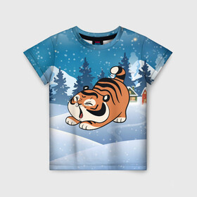 Детская футболка 3D с принтом Тигренок подтягивается в Тюмени, 100% гипоаллергенный полиэфир | прямой крой, круглый вырез горловины, длина до линии бедер, чуть спущенное плечо, ткань немного тянется | 2022 | год тигра | новый год | новый год 2022 | символ года | тигр | тигренок | тигрица | тигры