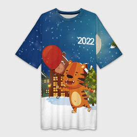 Платье-футболка 3D с принтом Тигр с воздушным шариком в Тюмени,  |  | 2022 | год тигра | новый год | новый год 2022 | символ года | тигр | тигренок | тигрица | тигры