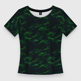 Женская футболка 3D Slim с принтом Еловый рай в Тюмени,  |  | ели | елки | камуфляж ели | камуфляж ёлки | одежда 3d | одежда полная запечатки | одежда про лес | одежда с елками | одежда с лесом | приколы про лес | принт с лесом