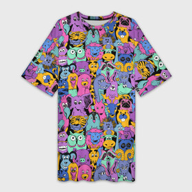 Платье-футболка 3D с принтом Разные Мультяшные Животные в Тюмени,  |  | animals | safari | zoo | детские | дикая природа | животные | жираф | звери | зверюшки | зебра | зоопарк | лев | мультики | сафари | слон