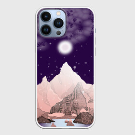 Чехол для iPhone 13 Pro Max с принтом Зимнее лунное небо в горах со снегопадом в Тюмени,  |  | горный | горный массив | горный пейзаж | горы | горы в лунную ночь | горы под луной | зима в горах | зима и горы | зимний | зимняя ночь в горах | зимняя сказка | луна | розовые горы под