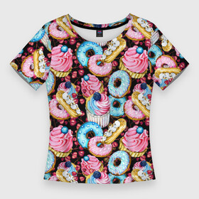 Женская футболка 3D Slim с принтом Узор из сладостей на черном фоне в Тюмени,  |  | donuts | акварель | вкусные | вкусный | десерты | донатс | капкейки | пончики | сладкое | сладости | съедобные | темный | черный