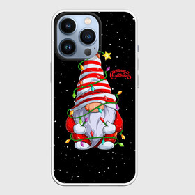 Чехол для iPhone 13 Pro с принтом Новогодний Гном с гирляндой   Gnome and Christmas lights в Тюмени,  |  | christmas | dwarf | gnom | гирлянда | гном | лампочка | новый год | огоньки | рождество