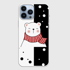 Чехол для iPhone 13 Pro Max с принтом ЧЁРНО БЕЛЫЙ МИШКА в Тюмени,  |  | белый | горошек | зима | медведь | милый | мишка | подарок | прикол | пушистый | фон | чб | черный | шарф