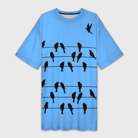 Платье-футболка 3D с принтом Птицы сидят на проводах в Тюмени,  |  | birds | blue sky | electric | sit | spring | wires | весна | голубое небо | провода | птицы | сидят | электрические