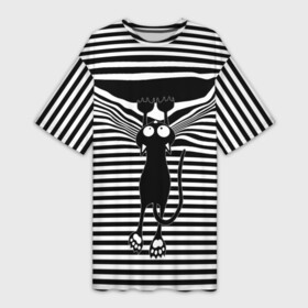 Платье-футболка 3D с принтом Кот рвет тельняшку в Тюмени,  |  | cat | hung | mad cat | stripes | tears | vest | бешеный кот | кошка | повис | полосы | рвет | тельняшка
