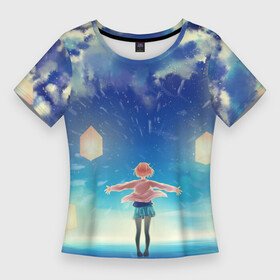 Женская футболка 3D Slim с принтом Курияма фонари в Тюмени,  |  | аниме девочка | за гранью | курияма | курияма мирай | мирай | небо | облака | фонари