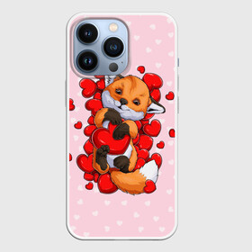 Чехол для iPhone 13 Pro с принтом Лисенок с сердечками   Little fox and hearts в Тюмени,  |  | Тематика изображения на принте: fox | hearts | love | valentines | valentines day | валентинка | влюбленный | день святого валентина | забавный | лиса | лисенок | любовь | милый | сердечко | сердце