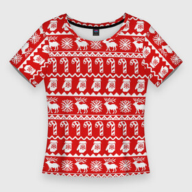 Женская футболка 3D Slim с принтом Новогодний принт с оленями, снежинками, варежками и леденцами в Тюмени,  |  | варежки | зима | зимний | красный | леденцы | новогодний | новый год | олени | орнамент | снежинки | узор