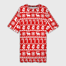 Платье-футболка 3D с принтом Новогодний принт с оленями, снежинками, варежками и леденцами в Тюмени,  |  | варежки | зима | зимний | красный | леденцы | новогодний | новый год | олени | орнамент | снежинки | узор