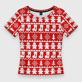 Женская футболка 3D Slim с принтом Новогодний принт с пряничными человечками, елками и снежинками в Тюмени,  |  | елки | зима | зимний | красный | новогодний | новый год | носки | орнамент | пряник | пряничный | снежинки | узор | человечек