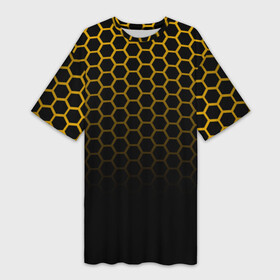 Платье-футболка 3D с принтом Неоновая кольчуга  Gold neon в Тюмени,  |  | Тематика изображения на принте: geometry | gold | neon | геометрия | железный | желтый | золотая | золото | кольчуга | мед | медовый | неон | неоновый | половина | пчела | соты | черный