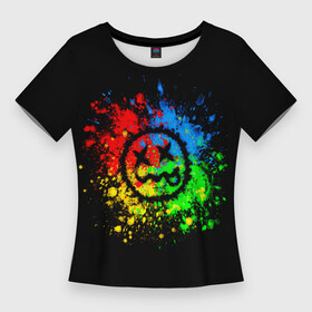 Женская футболка 3D Slim с принтом Smile  Неоновый смайлик в Тюмени,  |  | smile | глаза | желтый | зеленый | краски | красный | красочный | крест | круг | ляпки | неон | неоновый | огонь | радужный | разноцветный | синий | смайл | смайлик | улыбка | черный | язык
