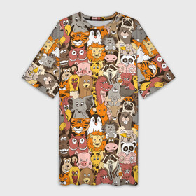 Платье-футболка 3D с принтом Зоопарк (разные звери) в Тюмени,  |  | animals | safari | zoo | дикая природа | дикие животные | животные | жираф | звери | зебра | зоопарк | лев | сафари | следы от лап | слон