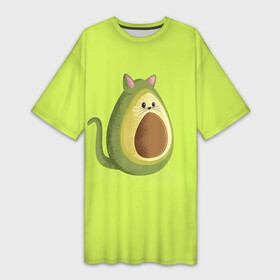 Платье-футболка 3D с принтом Котокадо в Тюмени,  |  | авокадо | веганам | веганство | вегетаринцам | кот | кошка | овощи