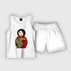 Детская пижама с шортами хлопок с принтом Красивая матрешка в Тюмени,  |  | девушка | женщина | игрушка | красота | кукла | матрешка | народный | национальный | россия | русская | этнический | этно
