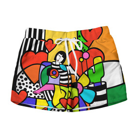 Женские шорты 3D с принтом Romero Britto   valentines day в Тюмени, 100% полиэстер | прямой крой, два кармана без застежек по бокам. Мягкая трикотажная резинка на поясе, внутри которой широкие завязки. Длина до середины бедра | brazilian artist | bright colors | cubism | emoji | girl | hearts | love | pop art | romero britto | valentines day | бразильский художник | девушка | день святого валентина | кубизм | любовь | ромеро бритто | сердца | эмодзи | 