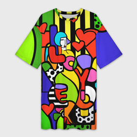 Платье-футболка 3D с принтом Romero Britto  love you. в Тюмени,  |  | brazilian artist | bright colors | cubism | emoji | girl | hearts | love | love you | pop art | romero britto | valentines day | бразильский художник | девушка | день святого валентина | кубизм | люблю тебя | любовь | ромеро бри