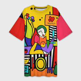 Платье-футболка 3D с принтом Girl with a glass в Тюмени,  |  | Тематика изображения на принте: brazilian artist | bright colors | cubism | emoji | graffiti | heart | pop art | romero britto | бразильский художник | граффити | девушка с бакалом | день святого валентина | кубизм | любовь | ромеро бритто 
