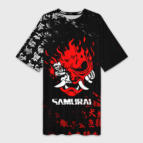 Платье-футболка 3D с принтом CYBERPUNK SAMURAI JAPAN STYLE  САМУРАЙ в Тюмени,  |  | cd project red | cyberpunk 2077 | demon | keanu reeves | maelstrom | militech | quadra | samurai | smile | trauma | trauma team | демон | иероглифы | киану ривз | киберпанк 2077 | милитех | самурай | символы | смайл