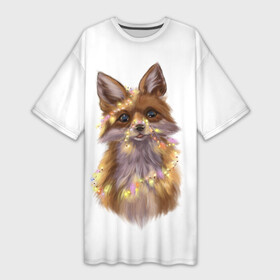 Платье-футболка 3D с принтом Fox with a garland в Тюмени,  |  | fox | гирлянда | животные | лиса | новый год