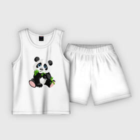 Детская пижама с шортами хлопок с принтом Забавный медвежонок Панда в Тюмени,  |  | bamboo | claws | cutie | ears | eyes | muzzle | nose | panda | paws | teddy bear | бамбук | глаза | когти | лапы | медвежонок | милашка | мордочка | нос | панда