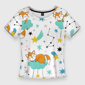 Женская футболка 3D Slim с принтом Спящие лисята в Тюмени,  |  | doodle | fox | little fox | дудл | звездочки | звезды | лис | лисенок | лисенок на облаке | лисята | милое создание | рисунок лисы | рыжая лиса | спящий лис