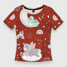 Женская футболка 3D Slim с принтом Единорог на облаке спящий единорог в Тюмени,  |  | unicorn | единорог | звезды | лошадка | облако | пони | сердечко | спящий едиорог