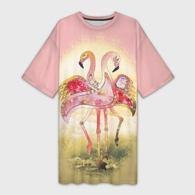 Платье-футболка 3D с принтом Танец Любви 2. Фламинго. в Тюмени,  |  | 8 марта | вода | восьмое марта | гламур | градиент | день любви | день св. валентина | любовь | нежность | подарок на день рождения | подарок на свадьбу | принт для девушек | птицы и цветы | стилизация
