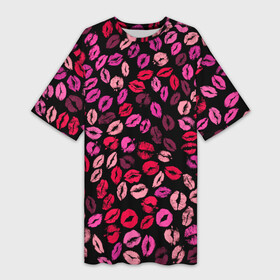 Платье-футболка 3D с принтом Покрытый поцелуями в Тюмени,  |  | губы | любовь | отпечаток | паттерн | помада | розовый | романтика | след